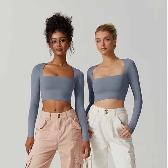 Qinsen Long sleeve Square Neck blue Workout top XS NWT Lounge Pilates Barre Gym - Picture 1 of 6